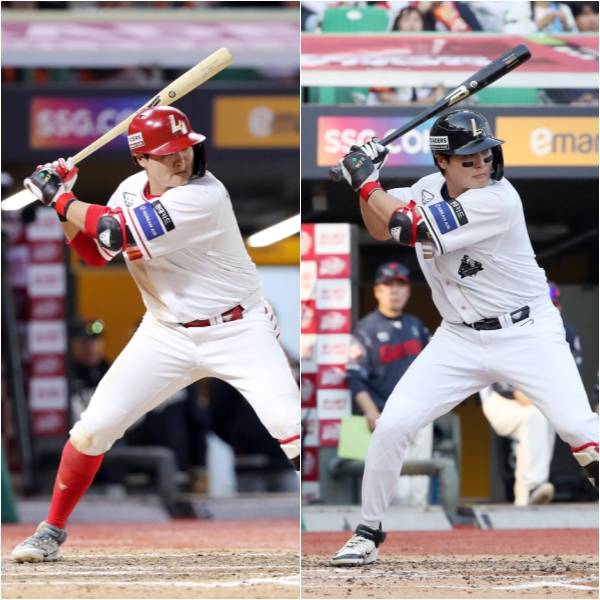 지난 4월 16일 인천 한화전과 6월 15일 인천 롯데전 고명준의 타격 모습. 롯데전에선 상대 선발 알렉 감보아의 강속구에 대처하기 위해 배트를 평소보다 짧게 잡았다. SSG 제공