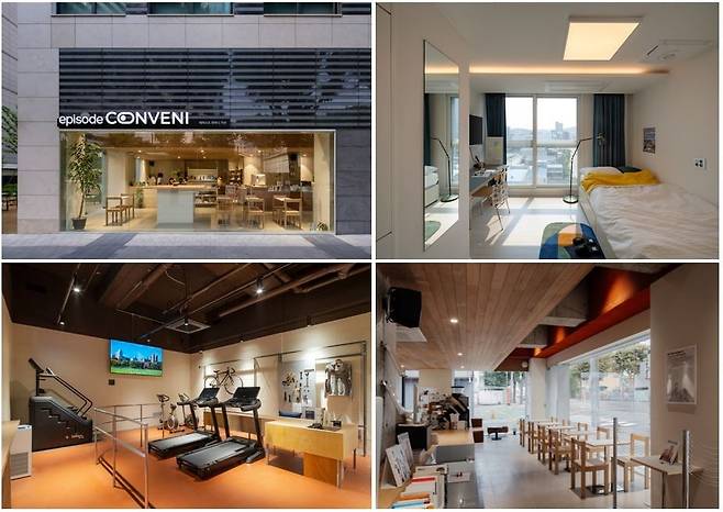 에피소드 컨비니 가산 외관, 전용 ‘싱글 타입’, 공용 공간 ‘카페’와 ‘홈짐’. 사진=SK디앤디