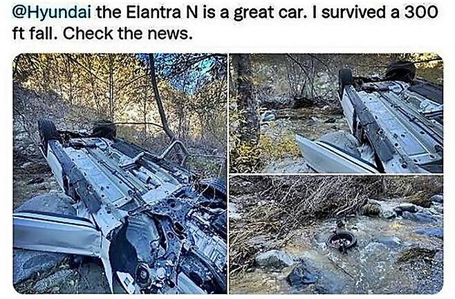 91m 절벽 아래로 떨어진 아반떼N [사진출처=트위터 캡처]