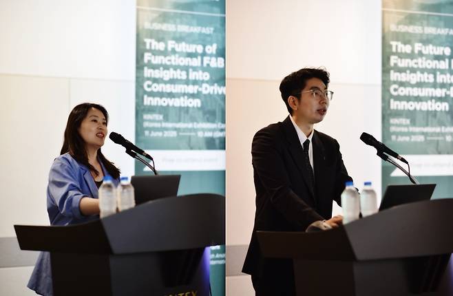 문경선 유로모니터 코리아 총괄 연구원(왼쪽)과 박상화 책임 연구원이 ‘2025 글로벌 기능성 식음료 트렌드’ 를 발표하고 있다. [유로모니터 제공]