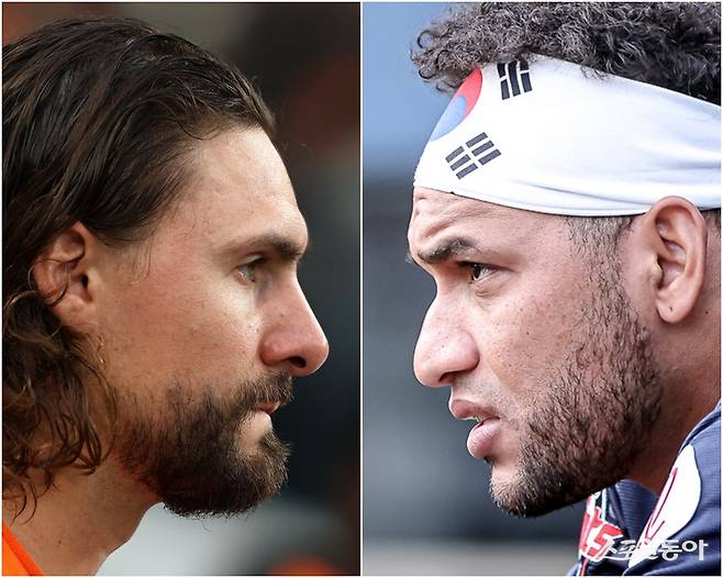 롯데가 주전의 절반 가까이 이탈한 상태로 1위 한화를 만난다. 첫판부터 한화 선발 라이언 와이스(왼쪽)를 상대할 타자가 마땅치 않다. 간판 윤동희의 부재로 와이스에게 강했던 타자는 빅터 레이예스(오른쪽)만 남았다. 사진제공｜한화 이글스·롯데 자이언츠