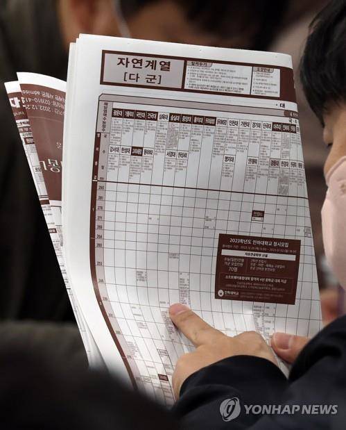 대학 배치표 보는 학부모들  (서울=연합뉴스) 한상균 기자 = 20일 강남대성학원에서 열린 대입 수능 가채점 및 입시설명회에서 학부모들이 배치표를 보고 있다. 2022.11.20