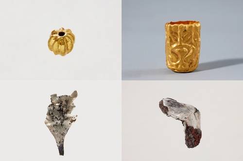 공주 왕릉원 2호분 출토 각종 금 공예품 왼쪽 위부터 시계 방향으로 금구슬, 장식 칼 부속, 칼 손잡이 고리 장식 조각, 나뭇잎 장식 [국립부여문화유산연구소 제공. 재판매 및 DB 금지]