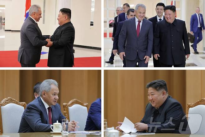 (평양 노동신문=뉴스1) = 김정은 북한 노동당 총비서가 17일 세르게이 쇼이구 러시아 국가안보회의 서기를 만나 "두 나라 간 조약의 범위 내에서 조선민주주의인민공화국이 협조할 내용을 확정하고 관련 계획을 수락했다＂고 당 기관지 노동신문이 18일 보도했다. [국내에서만 사용가능. 재배포 금지. DB 금지. For Use Only in the Republic of Korea. Redistribution Prohibited] rodongphoto@news1.kr