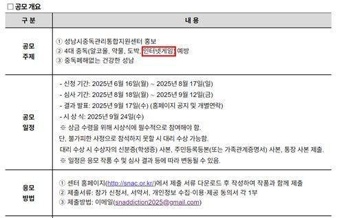 게임을 4대 중독으로 규정한 '인공지능(AI)를 활용한 중독예방콘텐츠 제작 공모전' 요강. 성남시중독관리통합지원센터