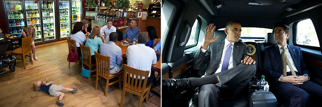 (왼쪽) 2013년 8월 22일, 오바마 미국 대통령이 뉴욕주 로체스터의 한 카페에서 대학생, 졸업생, 교육자들과 점심을 함께하며 대학 학비 부담 완화 정책을 설명하고 있다. 그의 발언 도중 바닥에서 놀고 있는 아이의 모습이 자연스럽게 포착되며, 공적인 순간 속 인간적인 단면을 드러낸다. (오른쪽) 2015년 4월 27일, 오바마 대통령과 아베 신조 일본 총리가 워싱턴 D.C.의 링컨 기념관으로 향하는 차량에 나란히 동승해 대화하고 있다. 오바마 대통령은 다리를 꼬고 주도적인 제스처로 말하고 있으며, 아베 총리는 두 손을 가지런히 모은 채 경청하는 모습이다./백악관