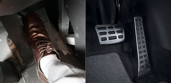 왼쪽부터 버스의 브레이크(왼쪽) 및 엑셀(오른쪽) 페달과 제네시스 G80의 브레이크 및 엑셀 페달. /보배드림·현대모비스 부품 판매 사이트 제공
