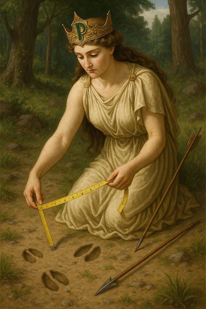 다양한 변수가 포함된 논문의 가치를 수치만으로 결정하는 관행은 많은 부작용을 가져온다. 그림은 생성형 인공지능 퍼플렉시티에 “P자 보석이 박힌 왕관을 쓴 여신이 줄자를 꺼내 사슴 발자국과 화살의 위치를 재는 장면을 그려달라”는 지시어를 입력해 얻은 이미지.