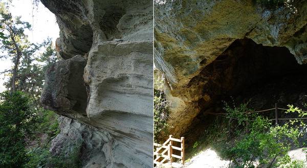 노을적벽의 퇴적암층(왼쪽 사진)과 송장굴 입구.