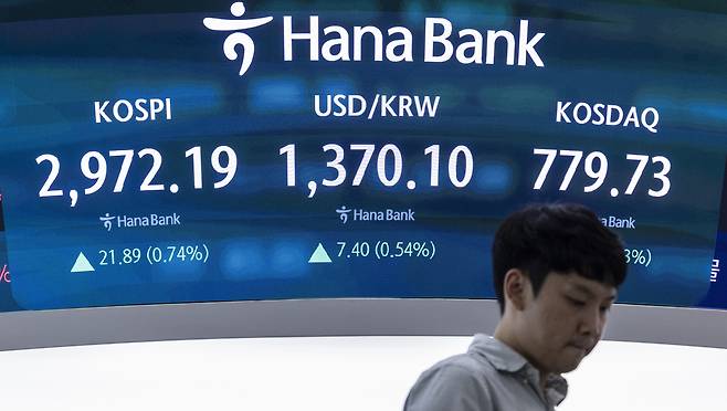 An electronic display board at Hana Bank in central Seoul shows the won trading at around 1,370 won against the dollar on Wednesday, weakening amid the escalation of geopolitical tensions in the Middle East. [YONHAP]