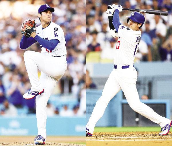 LA 다저스 오타니 쇼헤이가 16일(현지시간) 미국 캘리포니아주 로스앤젤레스 다저스타디움에서 열린 샌디에이고 파드리스와의 경기에 선발로 등판해 역투하고 있다. 오른쪽 사진은 오타니가 3회 말 타석에 들어서 방망이를 휘두르는 장면이다. AFP연합뉴스