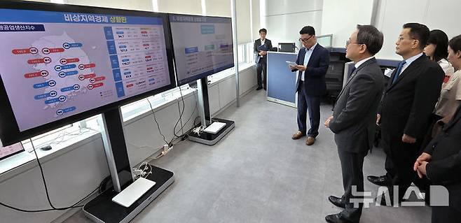 [세종=뉴시스] 강종민 기자 = 고기동 행정안전부 장관 직무대행이 17일 세종시 정부세종청사에서 열린 비상지역경제 상황실 개소식에 참석, 업무현황 등을 살펴보고 있다. 2025.06.17. ppkjm@newsis.com