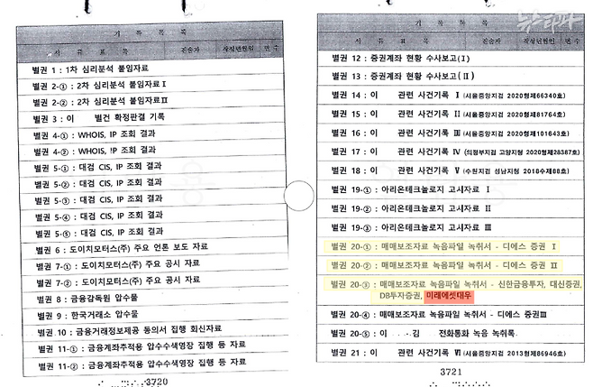 검찰수사기록 목록 156쪽, 우측 하단에 대우증권의 매매보조자료 녹음파일을 확보한 사실이 적혀있다.