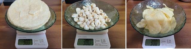 접시 뻥튀기(왼쪽부터), 강냉이, 감자칩.