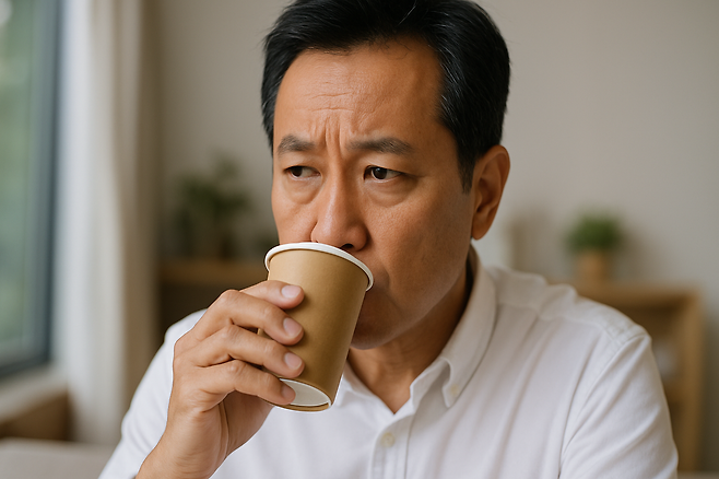 믹스커피를 마시는 중년 남성
