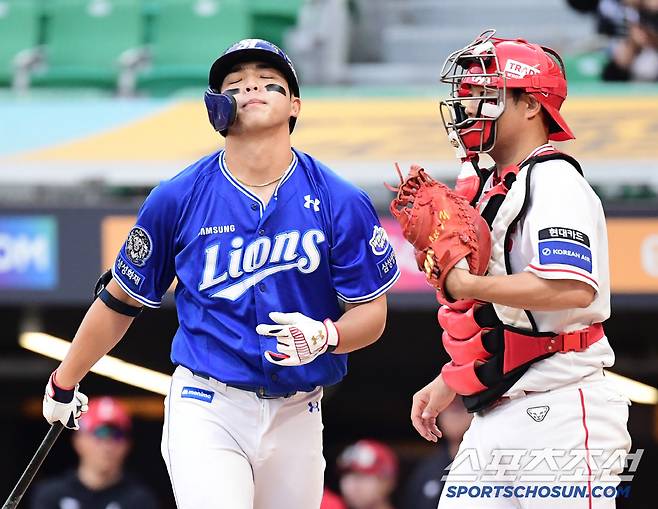 5일 인천 SSG랜더스필드에서 열린 KBO리그 SSG와 삼성의 경기. 4회초 1사 1, 3루. 삼진을 당한 김영웅. 인천=송정헌 기자songs@sportschosun.com/2025.06.05/