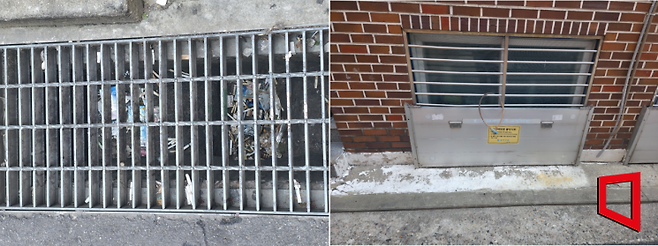 반지하 주민의 침수 피해를 막기 위해 설치된 물막이판 근처의 빗물받이도 꽁초와 쓰레기로 가득 차 있다. 최영찬 기자