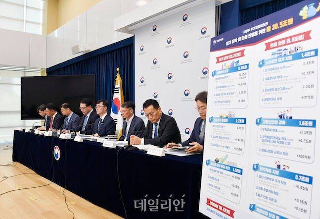 기획재정부 임기근 2차관 등 관계자들이 19일 정부세종청사에서 2차 추가경정예산안 브리핑을 하고 있다. ⓒ기획재정부