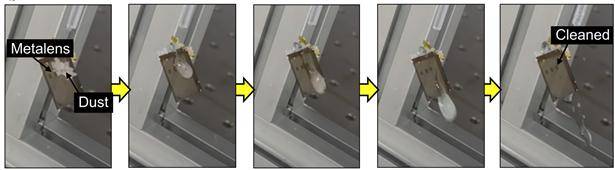 연구팀이 개발한 메타렌즈의 자가청소 기능. 먼지(dust)가 자가청소에 의해 깨끗(cleaned)해졌다. 포스텍 제공.