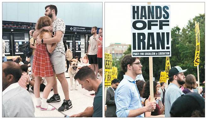 이스라엘 텔아비브 인근 라마트간에서 이란의 공습을 피해 지하철역으로 대피한 주민들이 공포를 이기기 위해 껴안고 있다(왼쪽 사진). 이날 미국 워싱턴DC 백악관 앞에서 친팔레스타인 시위대가 이스라엘의 대이란 공습에 미국의 참여를 검토하는 행정부에 항의하고 있다. [AP·AFP = 연합뉴스]