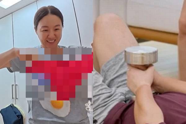 박준형, 김지혜 부부가 후배 개그맨들로부터 야유를 들었다. 사진은 빨간색 속옷을 공개한 김지혜(왼쪽)와 '정력 운동' 중인 박준형(오른쪽)의 모습. /사진=JTBC '1호가 될 순 없어 시즌2' 캡처