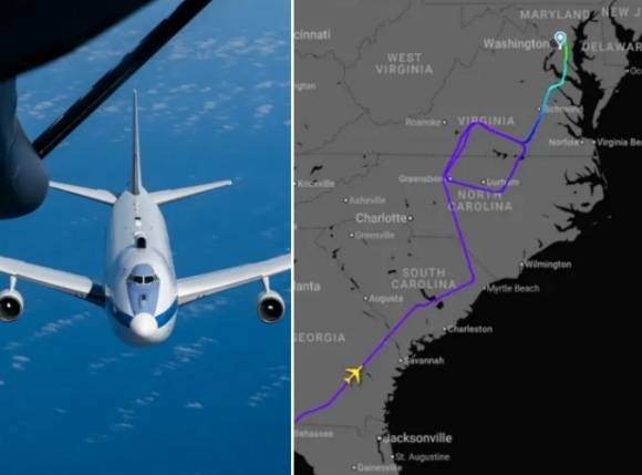 왼쪽은 ‘E-4B 나이트워치’(종말의 날 비행기) 자료사진, 오른쪽은 18일(현지시간) 루이지아내주를 출발해 워싱턴DC 근처의 메릴랜드주로 이동한 경로. 플라이트레이더24 제공