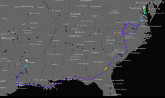 18일(현지시간) ‘E-4B 나이트워치’(종말의 날 비행기)가 루이지아내주를 출발해 워싱턴DC 근처의 메릴랜드주로 이동한 경로. 플라이트레이더24 제공