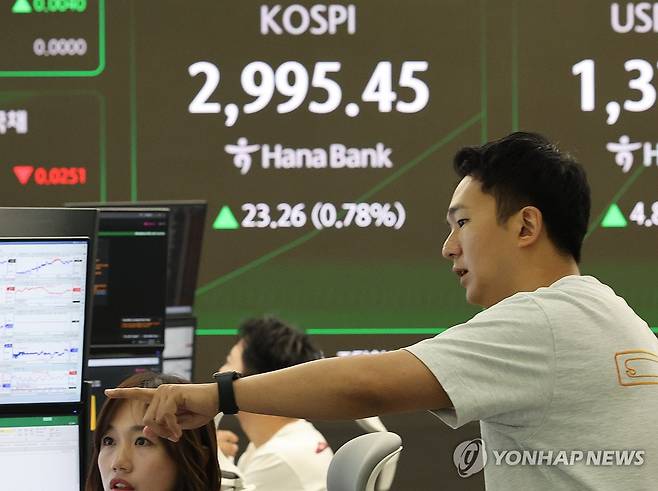 코스피 상승 출발 (서울=연합뉴스) 서명곤 기자 = 코스피가 상승 출발한 19일 서울 중구 하나은행 딜링룸에서 딜러들이 대화하고 있다.  2025.6.19 seephoto@yna.co.kr