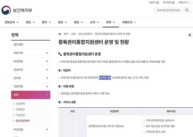지원 대상에 '인터넷 게임' 중독을 명시한 보건복지부 홈페이지 [보건복지부 홈페이지 캡처]