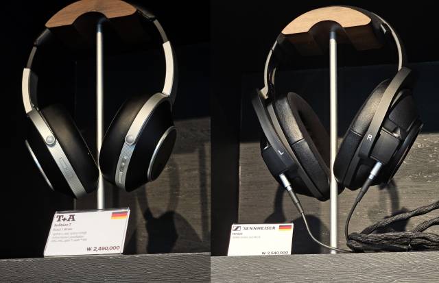 T+A의 솔리테어 T(왼쪽)와 젠하이저의 HD820 등 하이파이 헤드폰들이 놓여 있다. 이 밖에도 B&W, 울트라손, 오디지(AUDEZE), 메제(MEZE), 이어펀 등 다양한 브랜드 헤드폰을 들어볼 수 있다. 이어폰 역시 64오디오, 젠하이저, 슈어, 심고트, 파이널 등 청음숍이라면 갖춰야 할 라인업을 구축했다.
