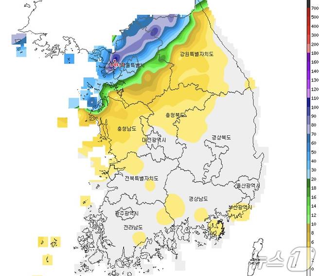 20일 오전 9시 30분 기준 일강수량(기상청 제공) ⓒ 뉴스1