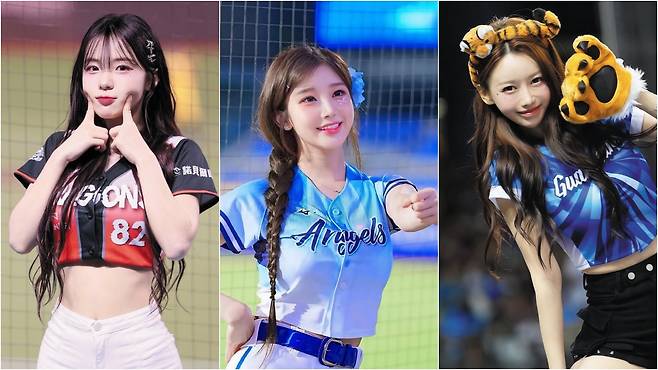 대만에서 활동 중인 한국인 치어리더 이다혜(왼쪽부터), 이주은, 이아영씨가 응원 무대에 올라 현지 팬 앞에서 춤을 추는 모습. 최근 대만에서 한국인 치어리더가 무대에 오르는 날이면 대만 팬들이 집결해 망원렌즈를 단 ‘대포 카메라’로 셔터를 터뜨린다. 이들의 화보가 담긴 카드는 수십 만원에 팔리고, 사인회에는 수천 명의 팬이 집결한다./인스타그램