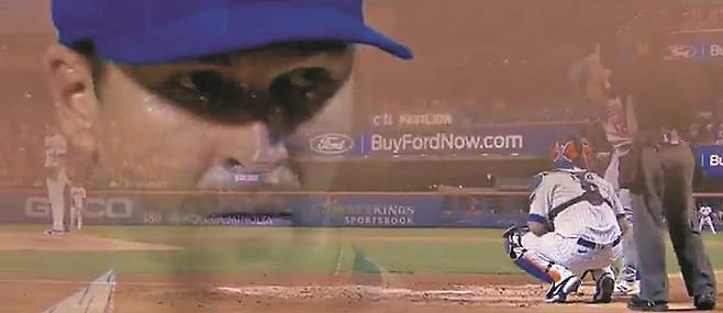 미 프로야구 메이저리그(MLB) 뉴욕 메츠를 전담하는 지역 방송국 SNY가 유명 서부 영화 ‘석양의 무법자’(1966년 작)를 차용한 중계 화면. 영화 속 명장면으로 꼽히는 주인공 블론디의 얼굴을 클로즈업한 각도 그대로 투수의 얼굴을 확대, 승부처에서 타자와 대결하는 투수의 긴장감을 시청자들에게 전달했다./존 드마르시코 엑스(X)