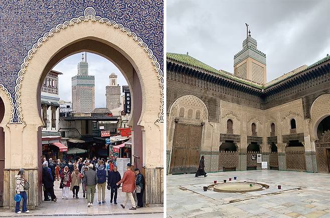 (좌) 페즈 메디나로 통하는 블루 게이트 (우) 14세기에 건설된 이슬람 신학교 ‘부 이나니아 마드라사’