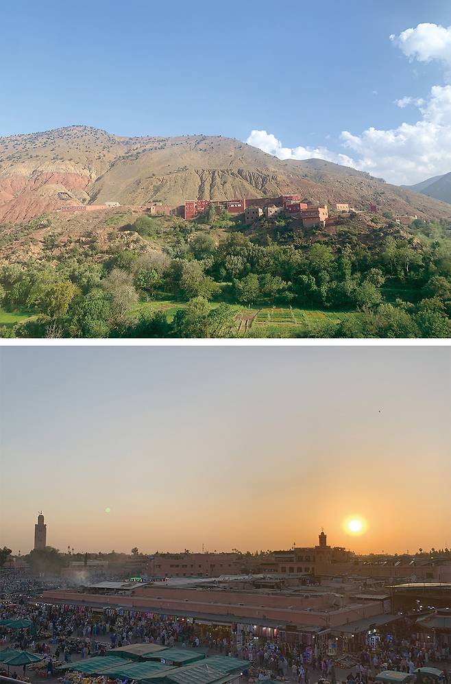 (위) 아틀라스 산맥의 유려한 풍경 (아래) 일몰이 내려앉은 마라케시 광장 일대