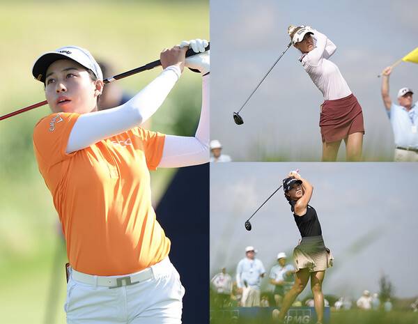 2025년 미국여자프로골프(LPGA) 투어 메이저 골프대회 KPMG 위민스 PGA챔피언십에 출전한 지노 티띠꾼, 넬리 코다, 리디아 고가 1라운드에서 경기하는 모습이다. 사진제공=2025 PGA of America