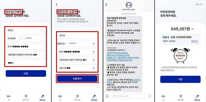 판매자와 구매자 정보를 입력하고 본인 인증을 진행한 후 비용을 결제한다(예시) / 출처=카방