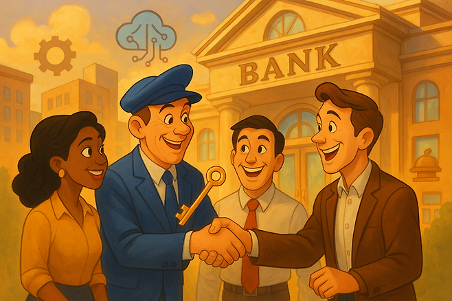 은행의 대출 지원 사업으로 얼굴이 핀 중견기업 사장을 주제로 생성형 AI가 만든 이미지 [챗GPT]