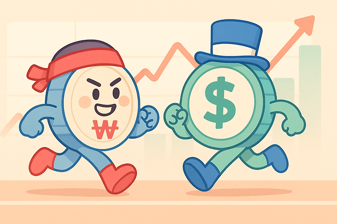 원화 기반 스테이블 코인과 달러 기반 스테이블 코인이 경쟁하고 있는 이미지 <ChatGPT로 제작>