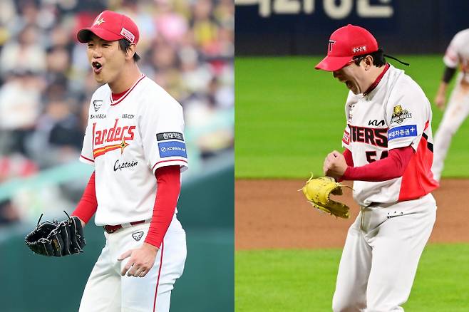 SSG랜더스와 KIA타이거즈를 대표하는 투수 김광현과 양현종의 선발 맞대결이 하루 미뤄졌다. 사진은 SSG에서 활약 중인 김광현(왼쪽)과 KIA에서 활약 중인 양현종의 모습. /사진=뉴시스