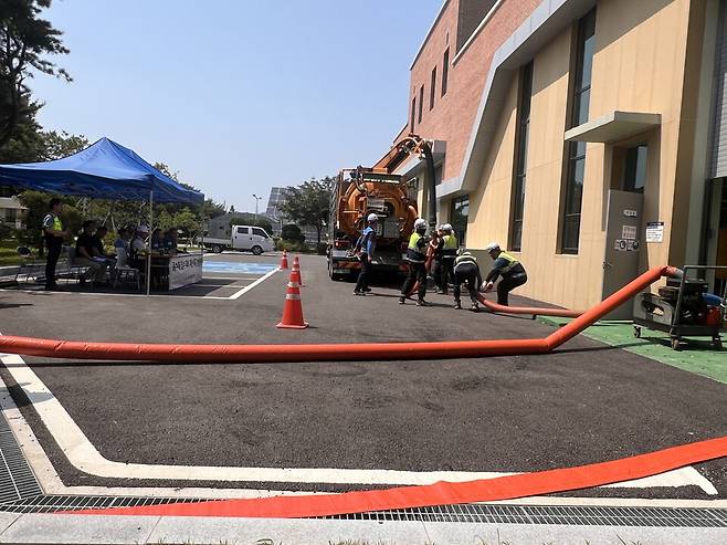 지난 18일 아산시 하수처리장 침수 대응훈련 실시 모습 ⓒ아산시