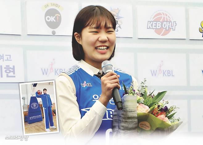 숭의여고 출신 박지현이 2018~2019시즌 WKBL 신인 선수 드래프트에서 우리은행의 지명을 받은 뒤 소감을 말하고 있다. 작은 사진은 숭의여자고등학교 농구부 시절 정현. 이두리 기자·연합뉴스