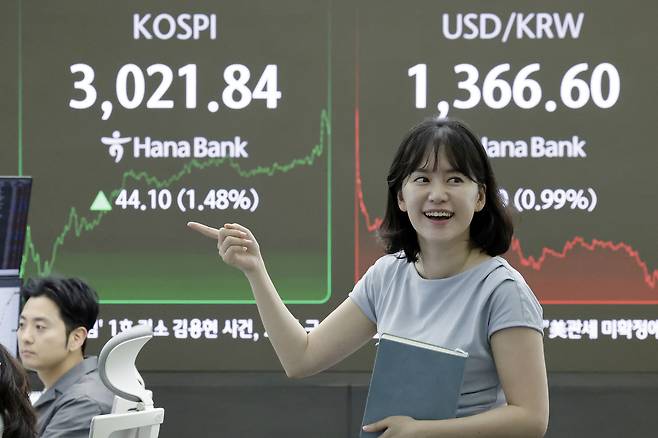 코스피 지수가 3021.84로 장을 마친 20일 서울 중구 하나은행 딜링룸에서 딜러들이 업무를 보고 있다. [사진 | 뉴시스]