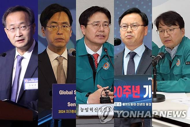 이재명 대통령, 차관급 5명 임명 왼쪽부터 통일부 차관 김남중, 행정안전부 차관 김민재, 농림축산식품부 차관 강형석, 해양수산부 차관 김성범, 행정안전부 재난안전본부장 김광용 [연합뉴스 자료사진]