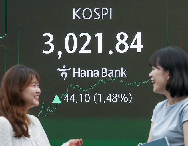 지난 20일 서울 주식시장에서 코스피가 3000선을 넘었다. 2021년 12월 이후 3년 6개월 만이다. 1956년 한국 주식시장이 첫 거래를 시작한 지 두 번째 맞는 ‘코스피 3000’ 시대다. 이날 장 마감 후 서울 중구 하나은행 딜링룸 현황판에 코스피 종가(3021.84)가 표시되어 있다./연합뉴스