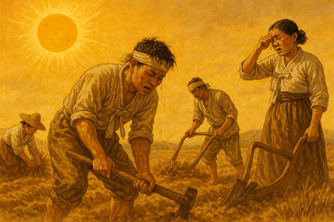 여름철 더위 먹은 병에는 중열(中熱)과 중서(中暑)가 있다. 여름철 한낮에는 바깥일을 피하면서 더위를 식히고 충분한 물을 섭취해야 한다. 그러면서도 적당히 덥게, 적당히 시원하게 지내야 한다. 챗GPT에 의한 AI생성 이미지.