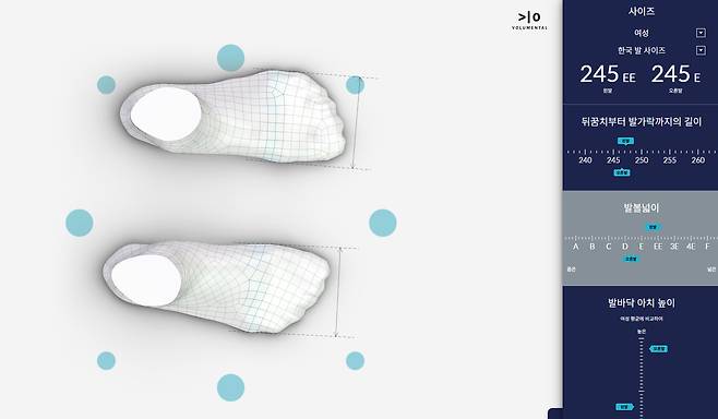 3D 스캐너로 측정한 발의 길이와 발볼넓이 등