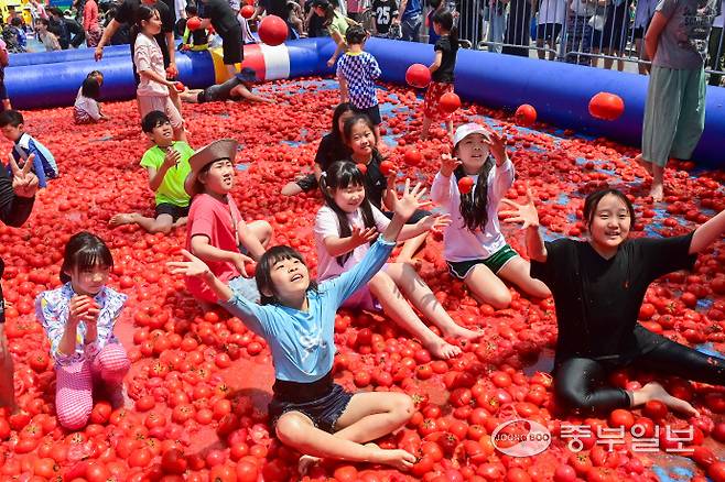 22일 오후 광주시 퇴촌면 광동로 일원에서 열린 '제23회 퇴촌토마토 거리축제'에서 '황금 토마토를 찾아라' 이벤트에 참가한 어린이들이 토마토 풀장에서 즐거운 시간을 보내고 있다. 임채운기자