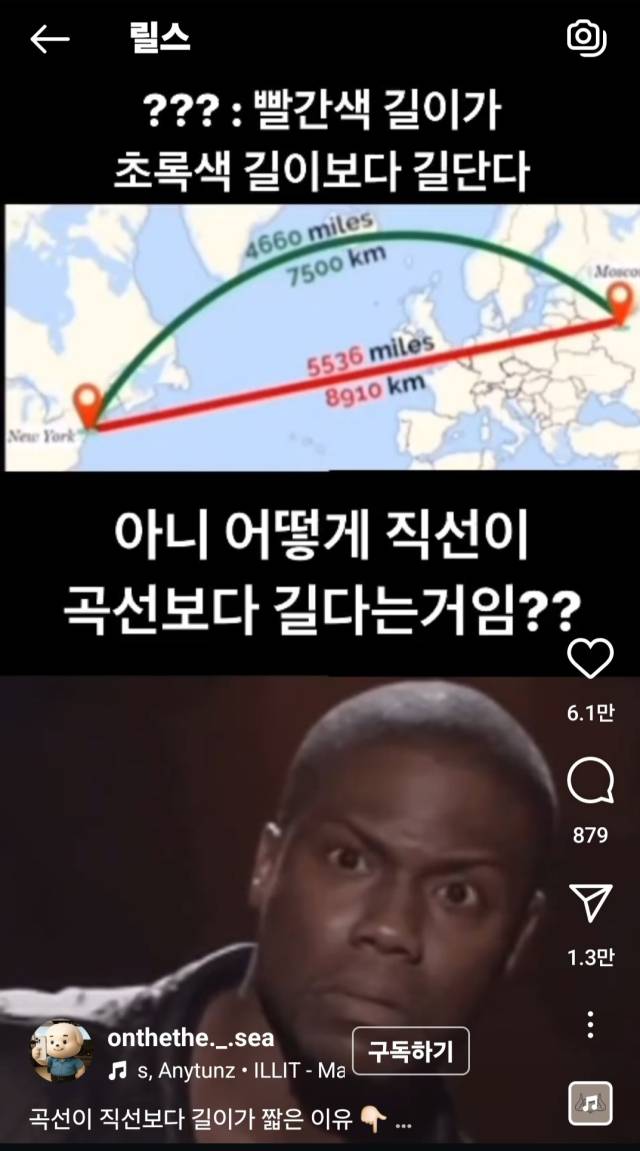 황희상 항해사가 올린 SNS 계정에서 가장 높은 조회수를 기록한 인스타그램 릴스 영상. 지구가 둥글어서 곧게 이어진 거리보다 곡선으로 간 거리가 더 짧다는 내용이 담겨있다. SNS 캡처 사진