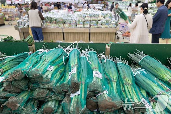 여름 제철 농산물 가격이 줄줄이 오름세를 보이는 가운데 22일 서울 시내의 한 대형 마트에 대파가 진열돼 있다. 2025.6.22/뉴스1 ⓒ News1 이승배 기자